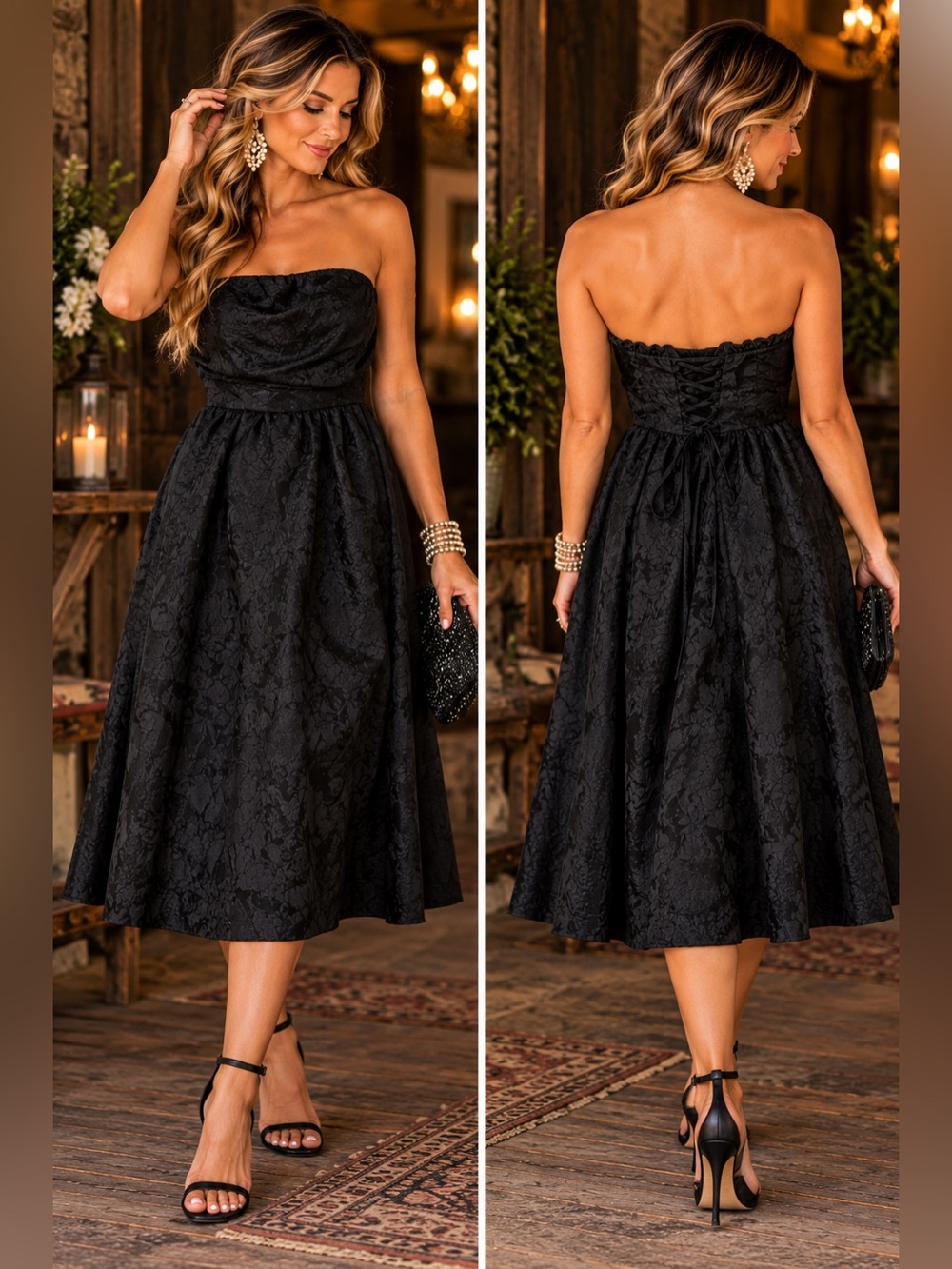 Black Strapless Jacquard Corset Midi Dress Lace Up Back Formal Sz M